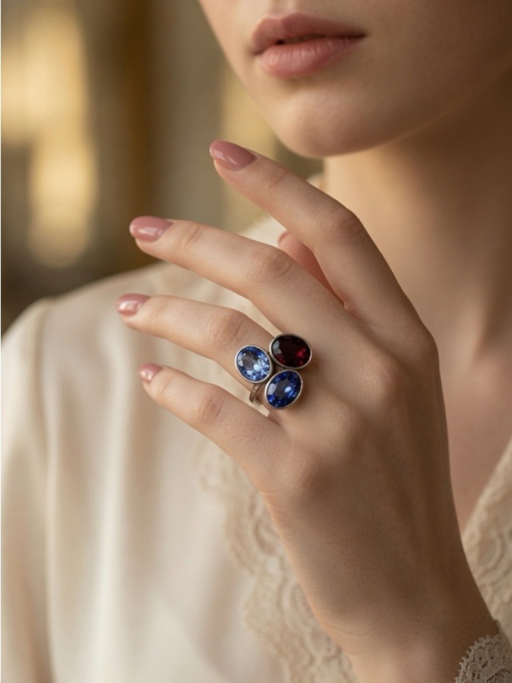 Amethyst Tanzanite Lavender Haze Gemstone Oval Cluster Sterling Silver Ring